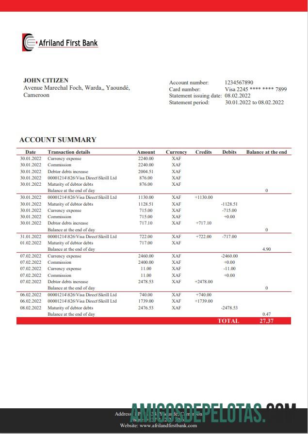 Modelo de primeiro extrato bancário de Camarões Afriland